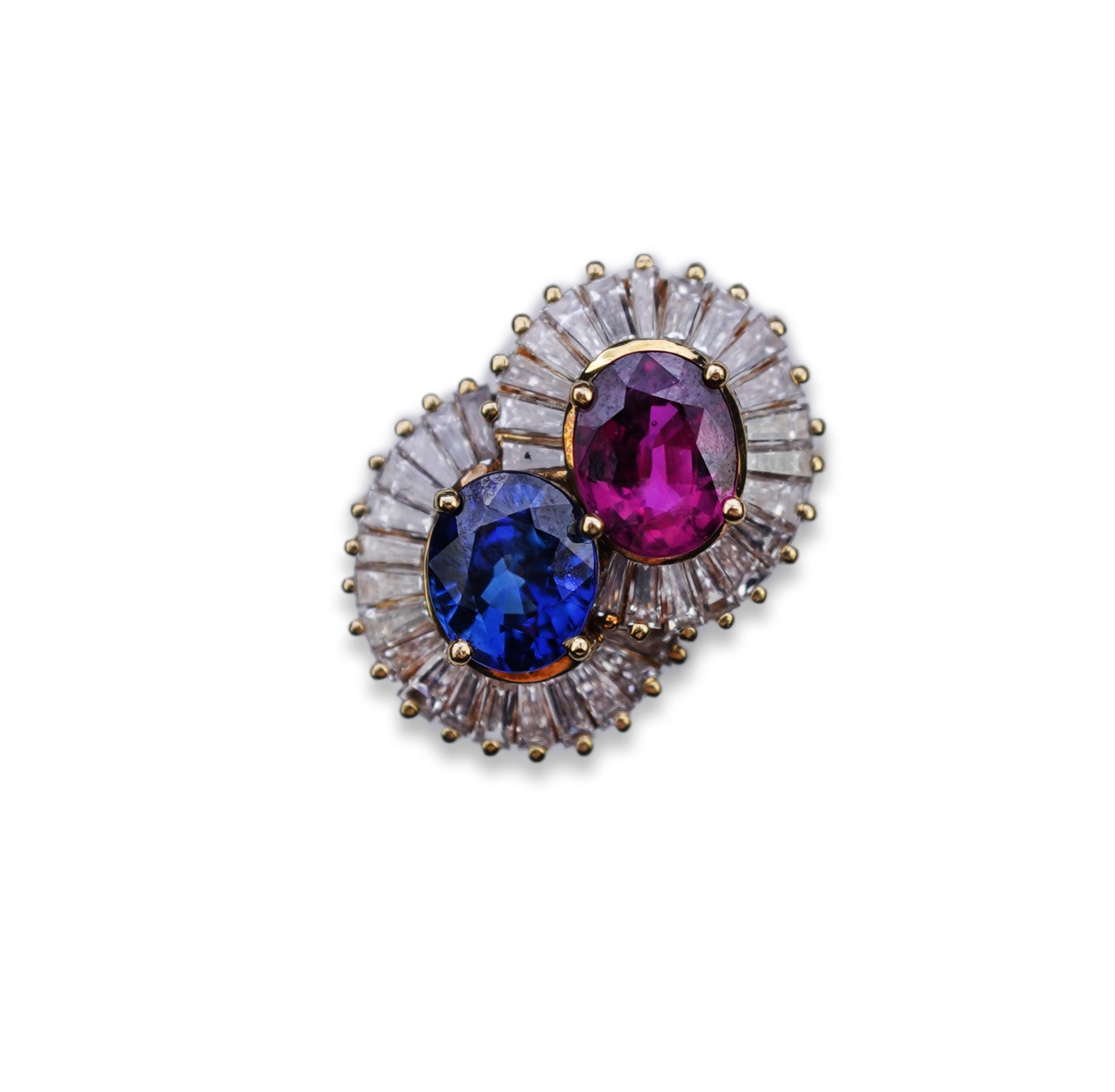 A ruby, sapphire and diamond 'toi et moi' ring